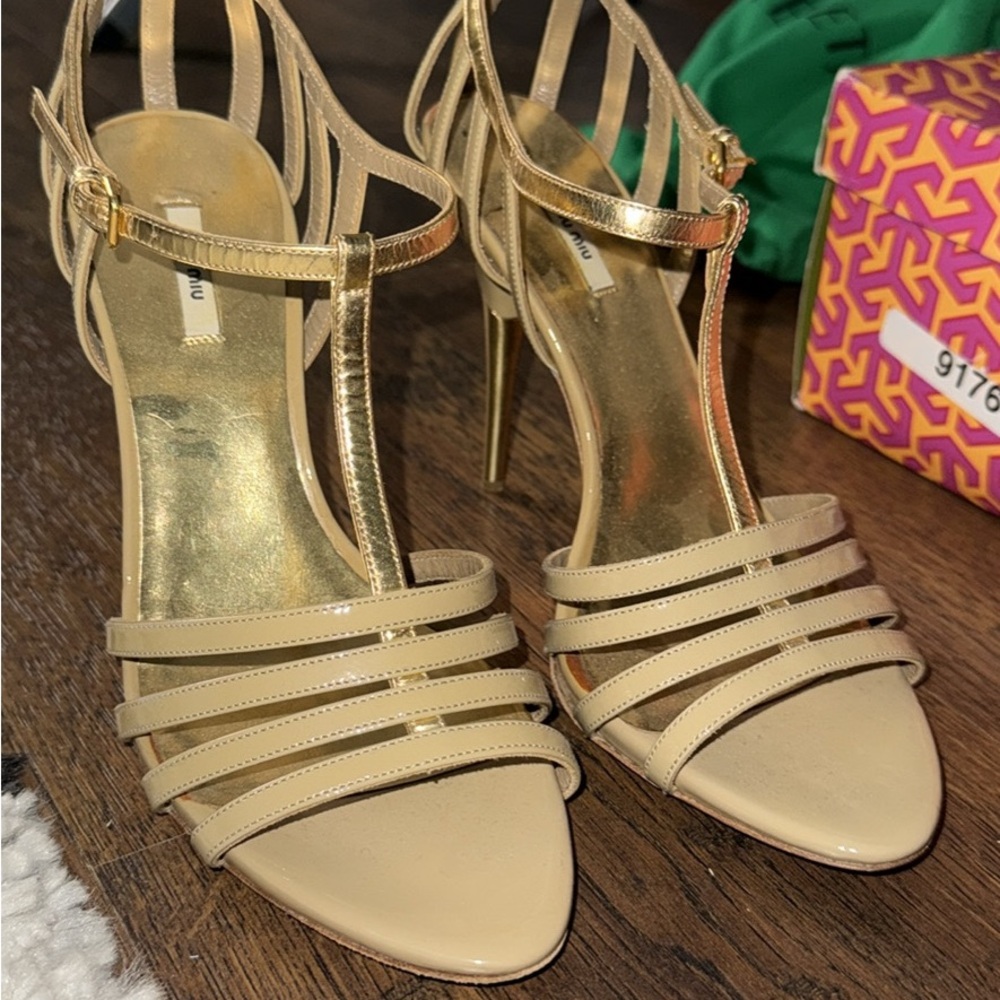Miu Miu Beige and Gold Strappy Heels